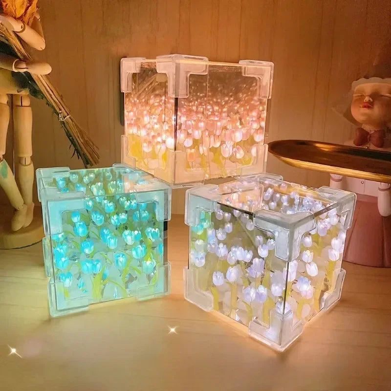 1pc Creative Diy Tulip Flower Sea Cube Three-Dimensional Small Night Lamp Material Package for Girlfriend Couple Girlfriend Gift