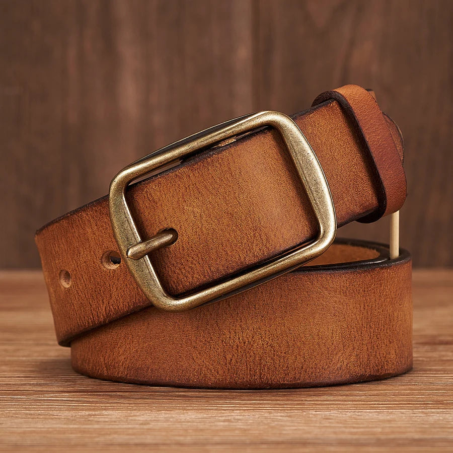 Thick Cowhide Copper Pin Buckle Real Genuine Leather Belt For Jeans Fashion Casual Belt Men Waistband Retro Luxury Male Strap