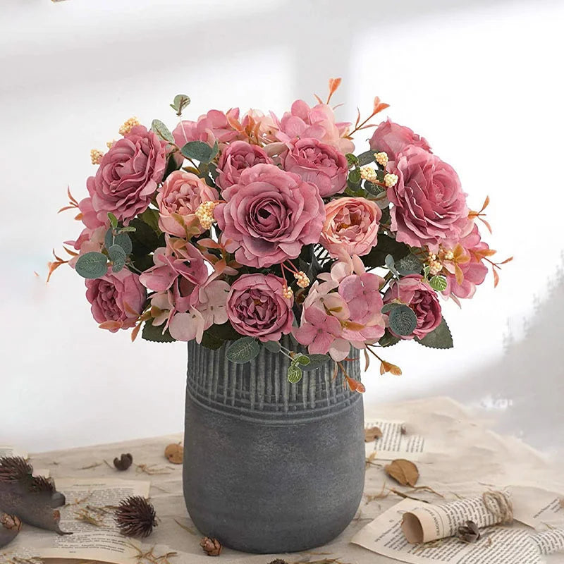 30cm Fake Peony Silk Flowers Bouquet Faux Hydrangea Flower Decor Wedding Party Home Decoration Retro Peonies Artificial Flowers
