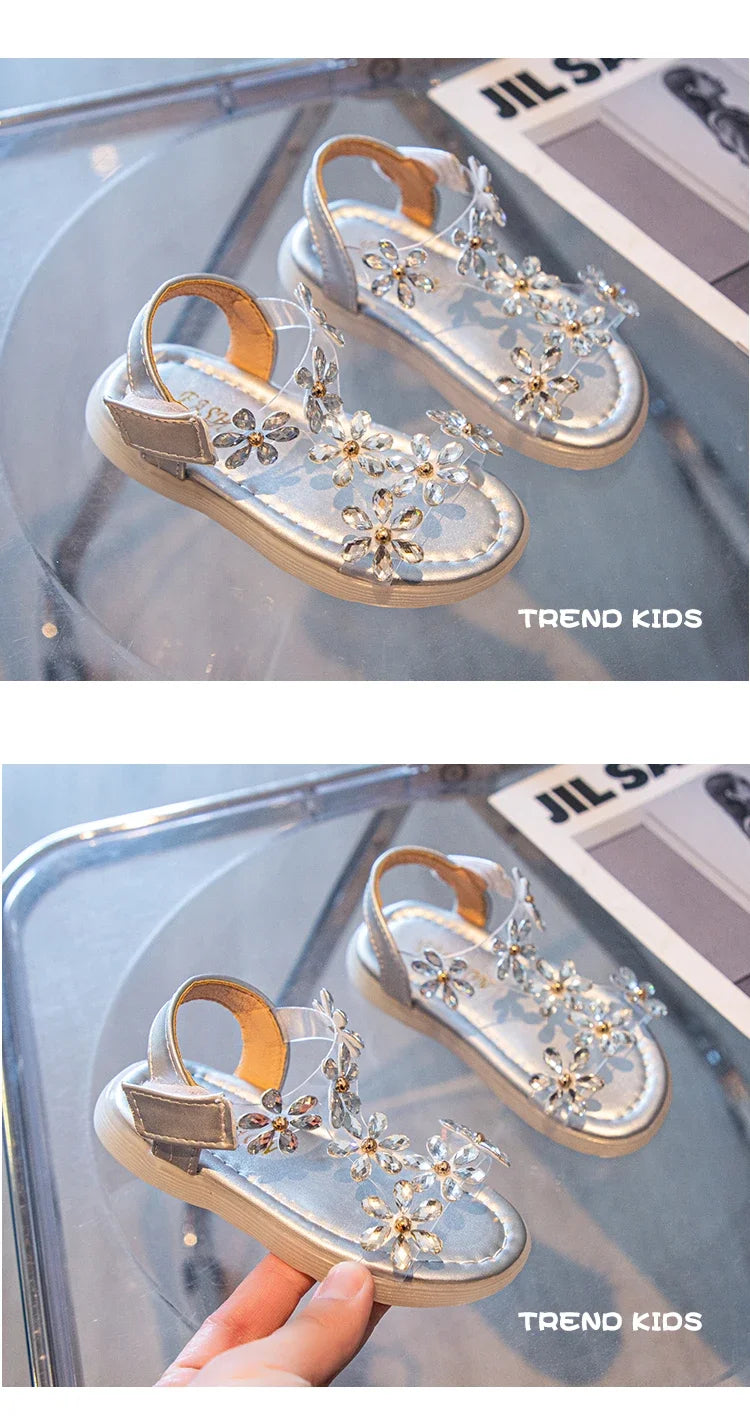 2024 Summer Girls Sandals Flower Crystal Princess Shoes Kids Fashion Rhinestone Beach Shoes Children Anti-slip Ankle Strap Shoes