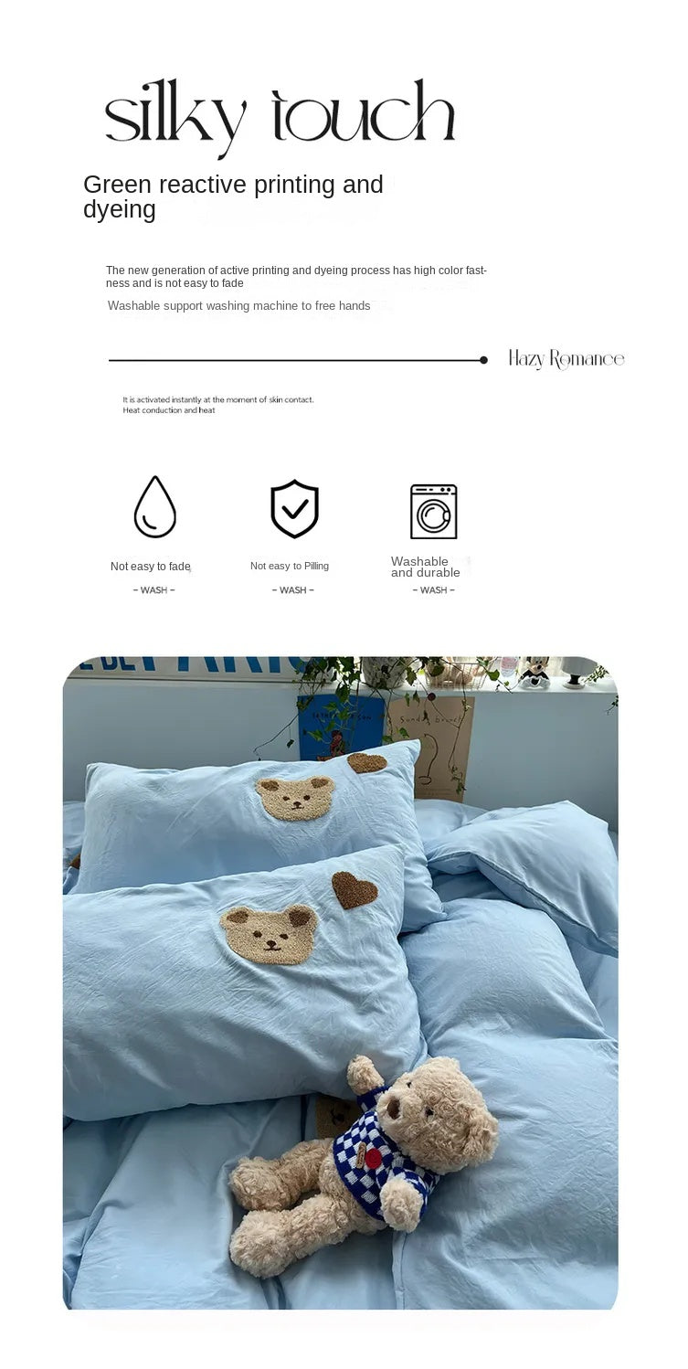 Solid Blue Bear Bedding Set Duvet Cover Queen Full Twin Size Bed Flat Sheet Kids Girls Room Decor Quilt Cover Pillowcase Kawaii