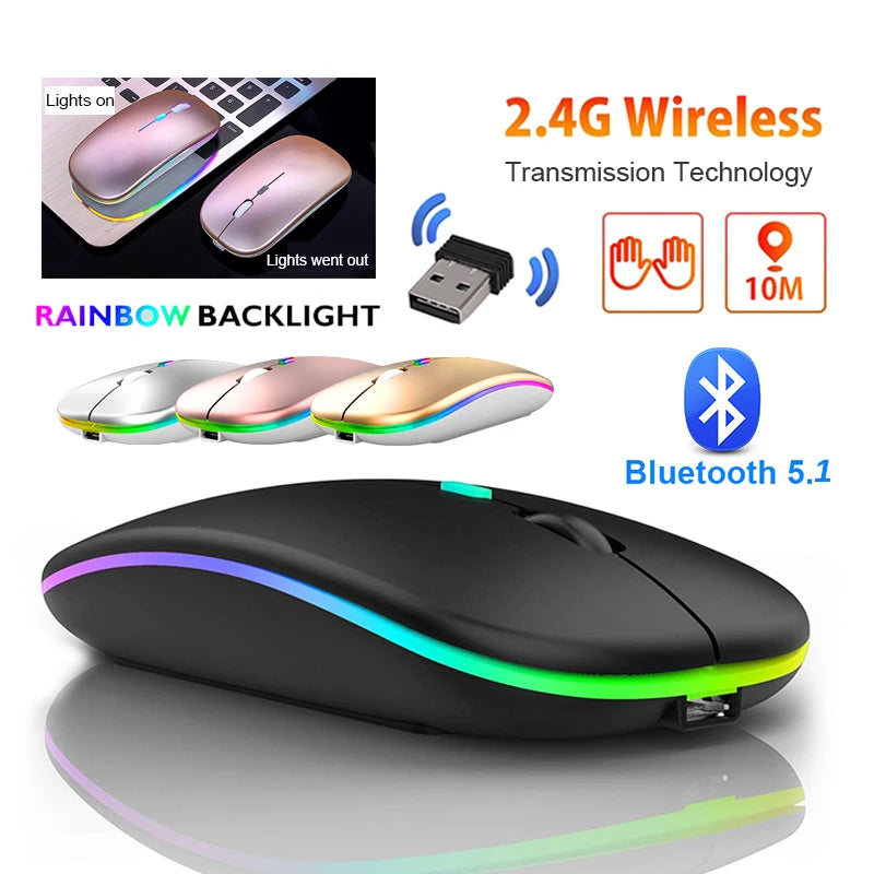 2.4GHz Wireless Mouse Bluetooth Mouse Mice Rechargeable Mouse Silent Mouse LED Backlit USB Gaming Mouse 1600DPI for PC Laptop