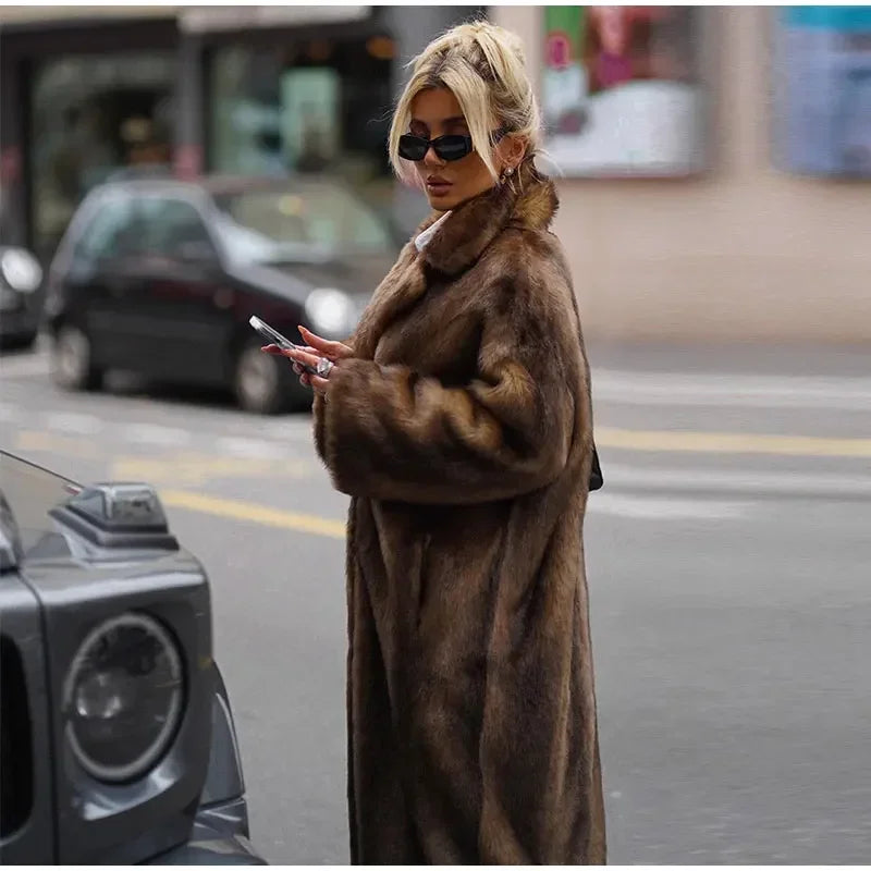 Women's Dark Brown Faux Fur Long Overcoat Single Breasted Fleece Long Trench Coat Winter Fluffy Plush Warm New Thicken Outerwear