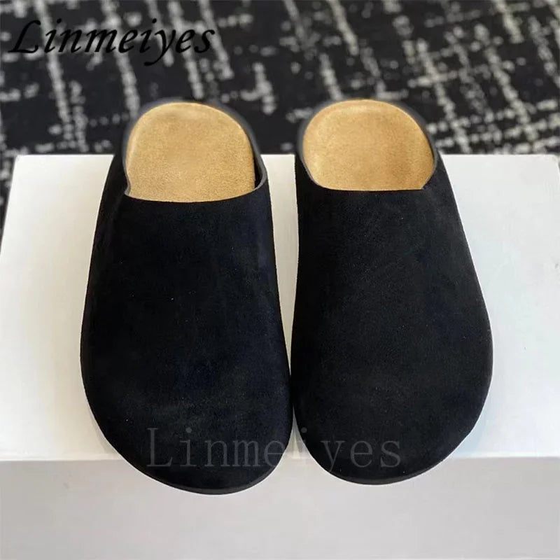 2024 New Flat Slippers Women High Quality Kid Suede Mules Shoes Round Toe Casual Comfort Slides Woman Thick Sole Slippers Woman