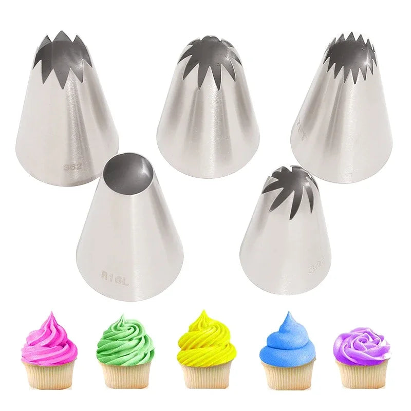 1/5pcs Extra Large Piping Nozzles Set, Stainless Steel Icing Nozzles, Cream Cake Piping Tips For Dessert Biscuit Cup Cake Tools