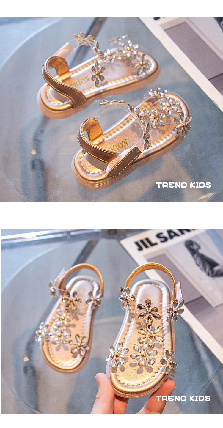 2024 Summer Girls Sandals Flower Crystal Princess Shoes Kids Fashion Rhinestone Beach Shoes Children Anti-slip Ankle Strap Shoes