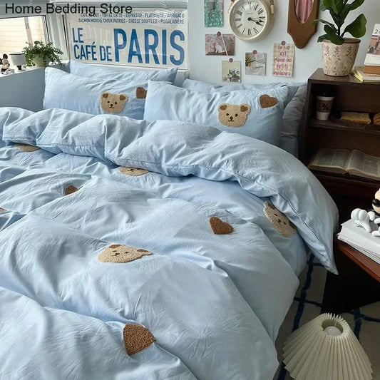 Solid Blue Bear Bedding Set Duvet Cover Queen Full Twin Size Bed Flat Sheet Kids Girls Room Decor Quilt Cover Pillowcase Kawaii