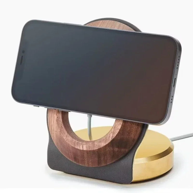 Simple Wireless Phone Charging Stand Natural Walnut Magnetic Stable Smooth Polished Safe to Touch Solid Durable Storage Rack