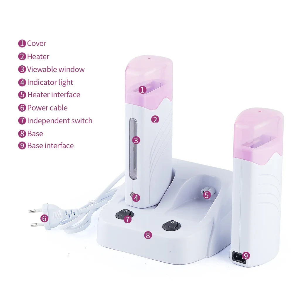 3 IN 1 Double Roller Depilatory Wax Waxing Kit Hair Removal Waxing Kit Wax Heater with Wax Cartridge Facial Body Bikini Epilator