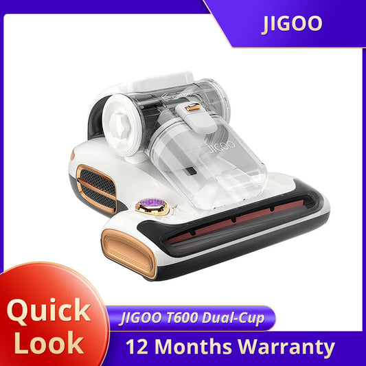 JIGOO T600 Dual-Cup Smart Mite Cleaner with Aroma-Diffuser System, 700W 15KPa Suction Dust Mite Sensor, UV Light Ultrasonic Tech