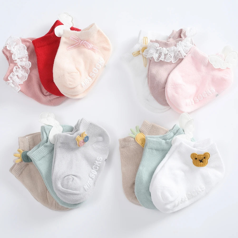 3PCS Spring Summer Baby Socks Solid Color Infant Baby Floor Socks for Boys Girls Bow Lace Cotton Anti-slip Boat Sock 0-5Years