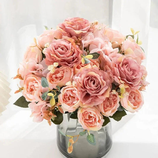 30cm Fake Peony Silk Flowers Bouquet Faux Hydrangea Flower Decor Wedding Party Home Decoration Retro Peonies Artificial Flowers