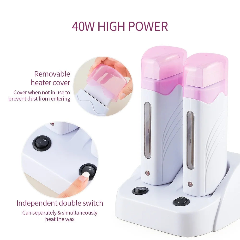 3 IN 1 Double Roller Depilatory Wax Waxing Kit Hair Removal Waxing Kit Wax Heater with Wax Cartridge Facial Body Bikini Epilator
