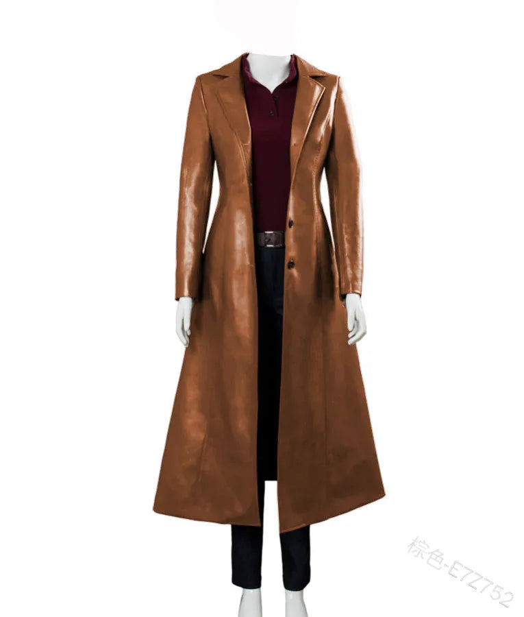 Women Long Leather Jacket Ladies Elegant Washed PU Leather Coats Trench Female Outerwear