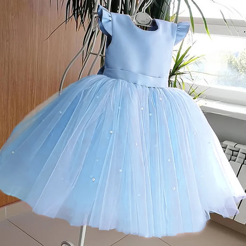 Toddler Girl Blue Beaded Tutu Gown 1-5 Years Baby Girl Birthday Party Dress Little Girl V-Back Bow Tulle Clothes Infant Costume