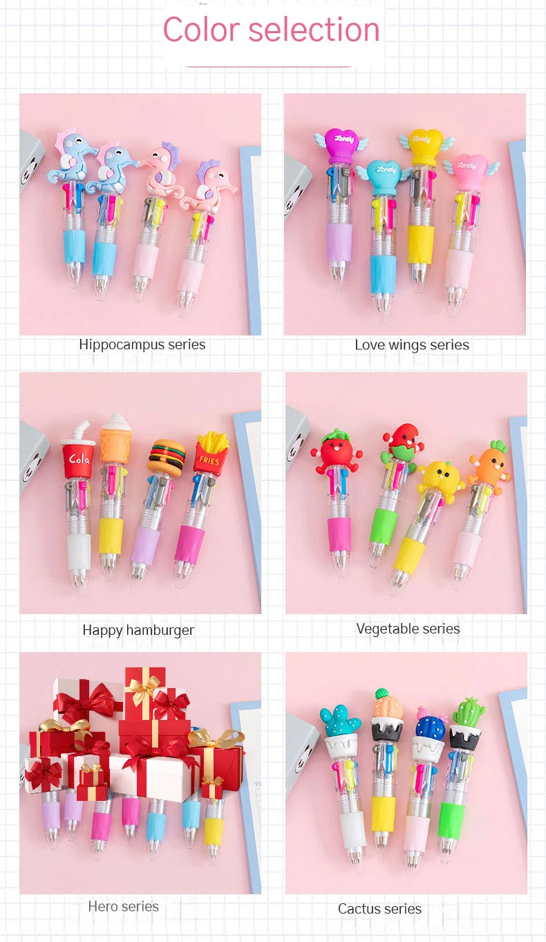 10Pcs/Lot Cute Kawaii Cartoon Mini 4 Colors Ballpoint Pen Multicolor Pens Student Kids School Stationery Office Supplies Gifts