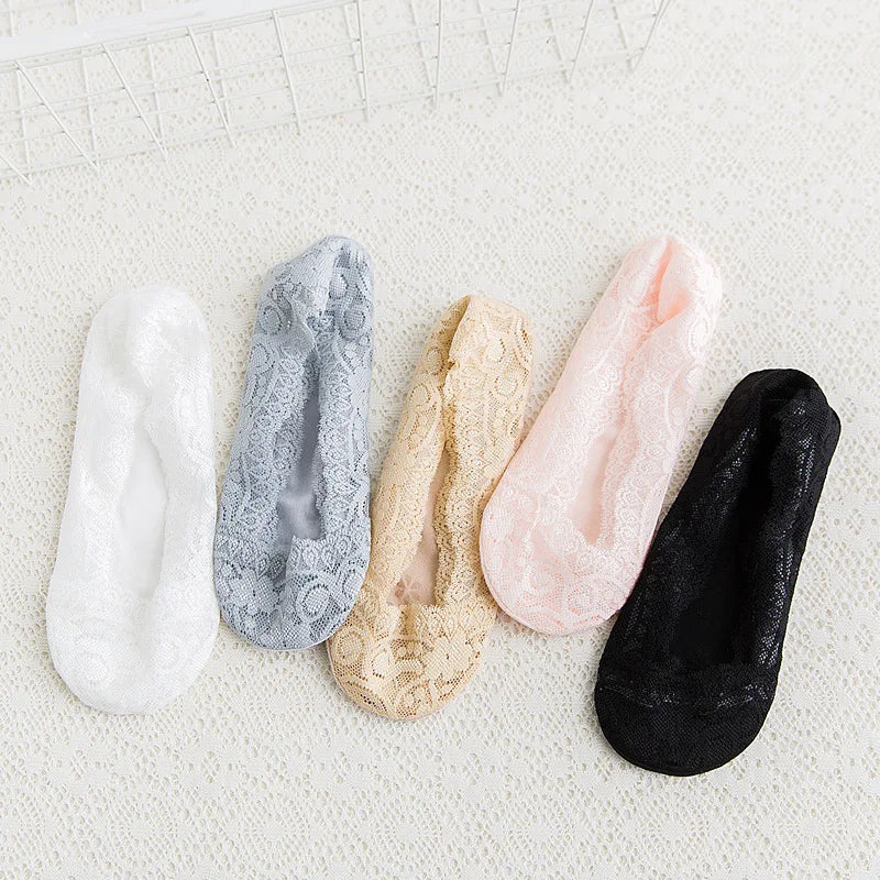 10pcs Lace Flower Sock Slippers Women Summer Breathable Silicone Non-slip Ankle Invisible Slipper Hollow Boat Socks Ballet Sox