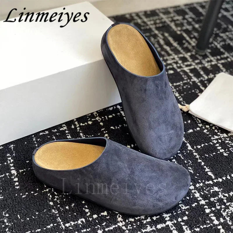 2024 New Flat Slippers Women High Quality Kid Suede Mules Shoes Round Toe Casual Comfort Slides Woman Thick Sole Slippers Woman