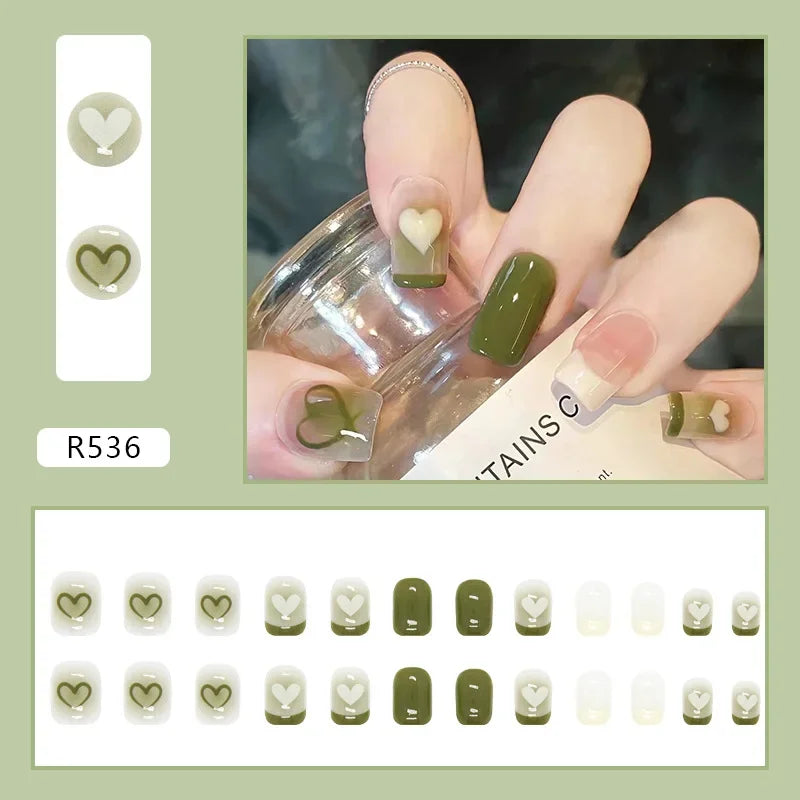 24Pcs Green Fake Nails Press on Nail Designs Art Long Tips False Forms with Glue Stick Stickers Reusable Set Acrylic Artificial