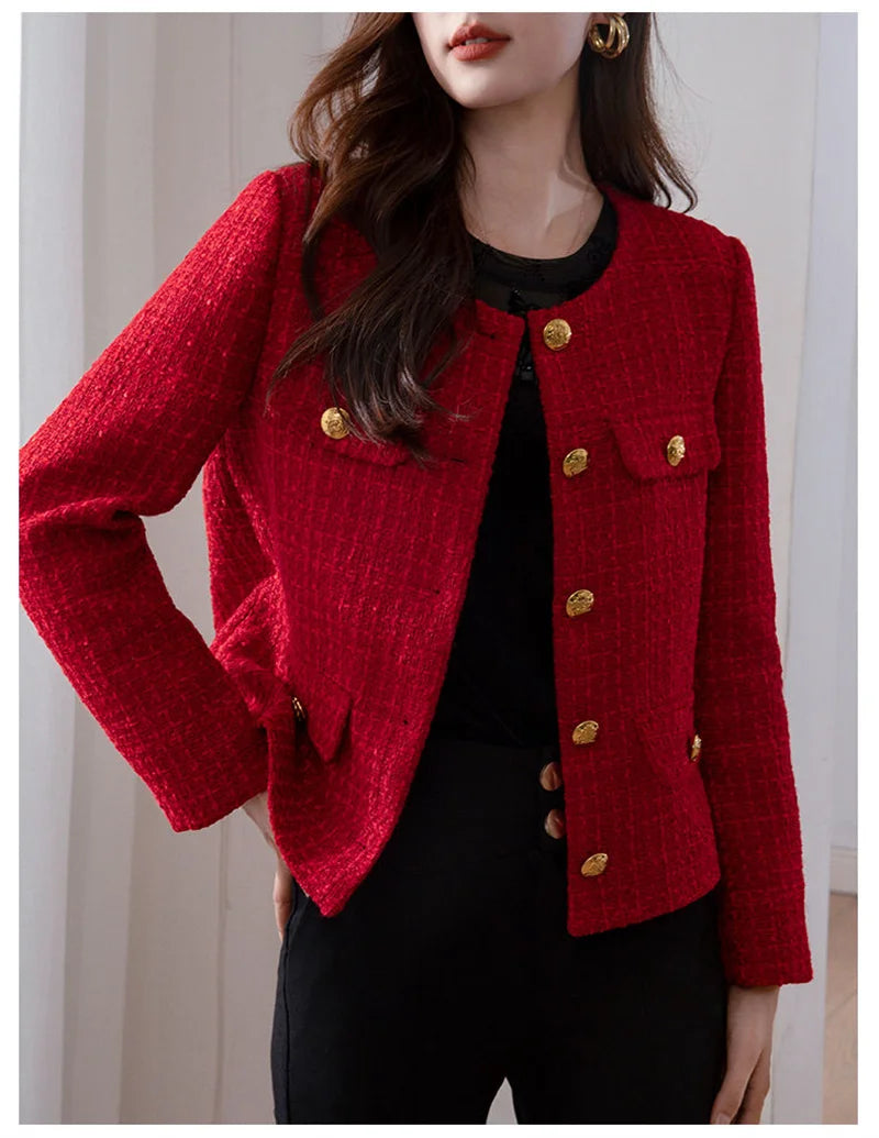 Women's Jacket 2024 Spring Autumn New Red Tweed Small Fragrance Coat Short Blazers Korean Fashion Elegant Female Tops Outerwear