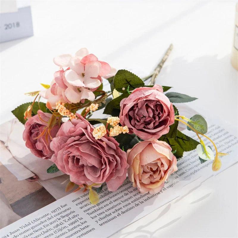30cm Fake Peony Silk Flowers Bouquet Faux Hydrangea Flower Decor Wedding Party Home Decoration Retro Peonies Artificial Flowers