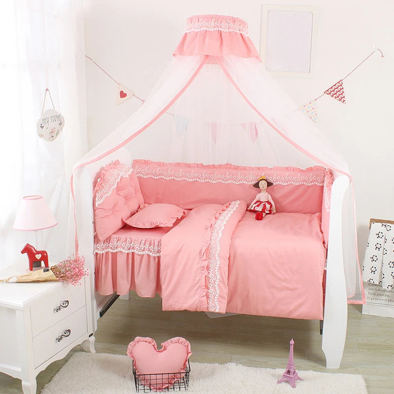 5PCS/Set Lace Crib Surround Solid Color Children's Bedding Kit Pure Cotton Thicken Baby Anti-collision Bed  Bumpers Sheet
