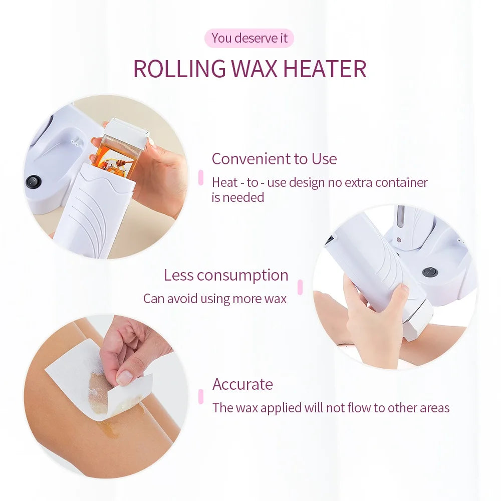 3 IN 1 Double Roller Depilatory Wax Waxing Kit Hair Removal Waxing Kit Wax Heater with Wax Cartridge Facial Body Bikini Epilator