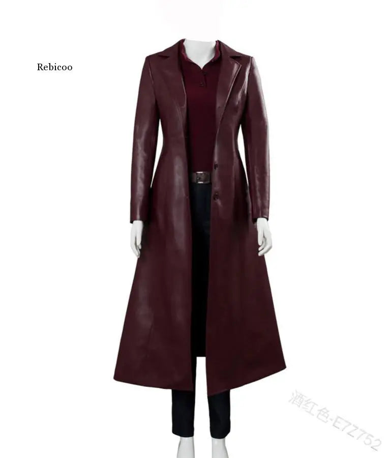 Women Long Leather Jacket Ladies Elegant Washed PU Leather Coats Trench Female Outerwear