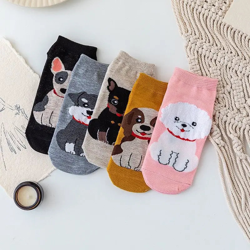 Spring And Autumn Fashion Women's Sotton Socken Funny Cartoon Animal Hello Kitten Dog Cute Girl Happy Funny Socks 5 Pairs