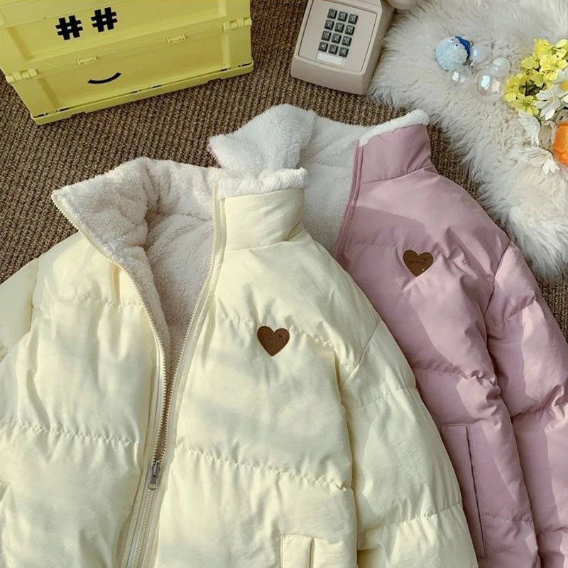 JMPRS Cute Embroidery Women Parkas Coat Winter Thick Hairy Korean Loose Warm Jacket Double Sided Design Pink Student Clothes
