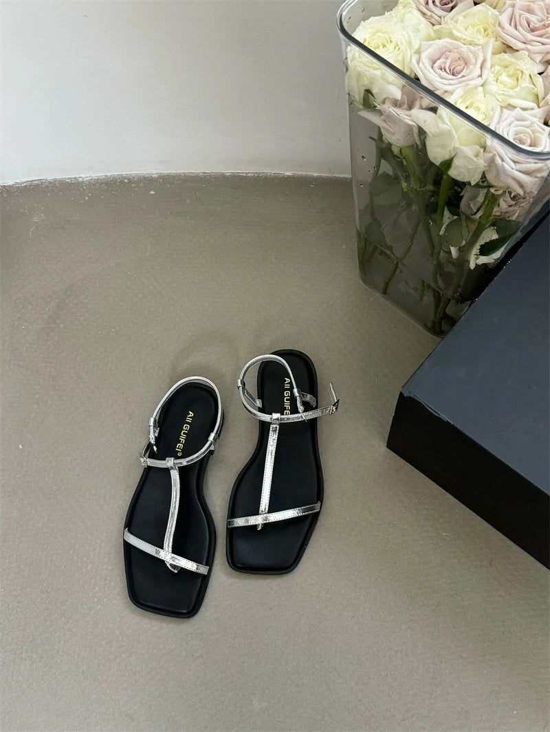 Summer Fashion Square Toe Ladies Shoes 2024 New Women's Thong Sandals Simple Thin Strap Slingback Sandals Sandalias De Mujer