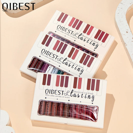 QIBEST 12pcs/set Waterproof Lip Gloss Long Lasting Velvet Nude Red Matte Liquid Lipstick Tint Makeup Cosmetic Lipsticks Lipgloss