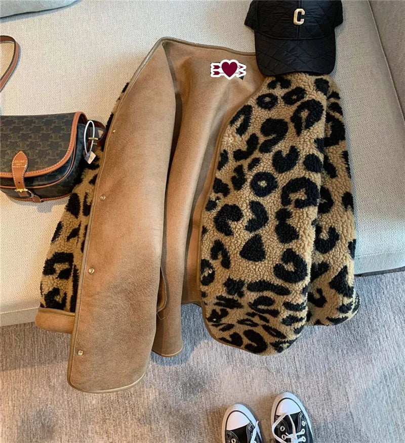 Autumn Winter Short Lmitation Fur Coat Women 2024 New Fashion Loose Casual Jacket Leopard Print Button Outerwear Female