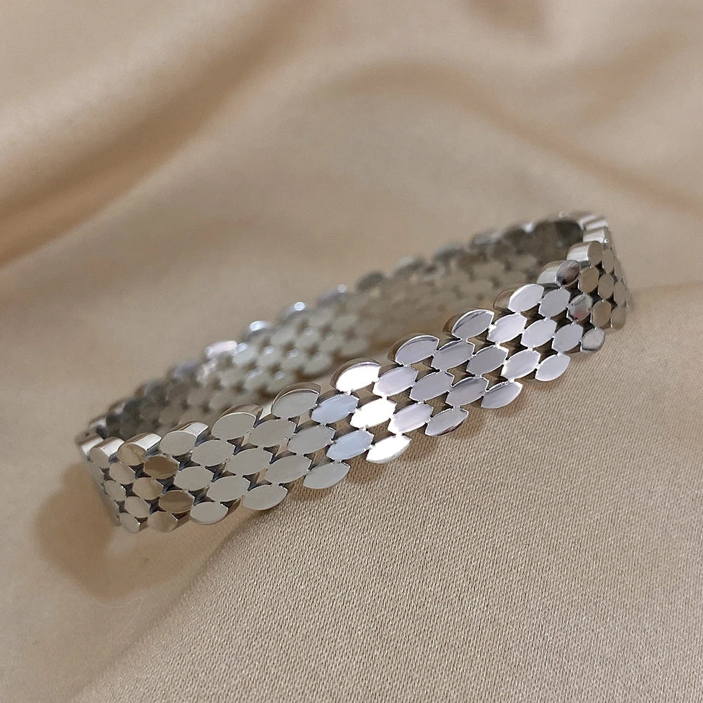 AENSOA 316L Stainless Steel High Quality Bubble Popcorn Shape Oval Bracelet Bangle Minimalist Metal Texture Rust Proof Jewelry