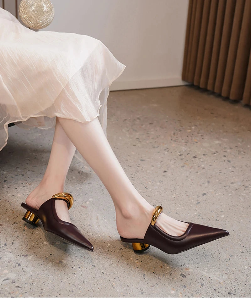 Thick Heel Women Mules Slippers Shoes Fashion Shallow Metal Decoration Slides Spring Autumn Outdoor Party Dress Shoes