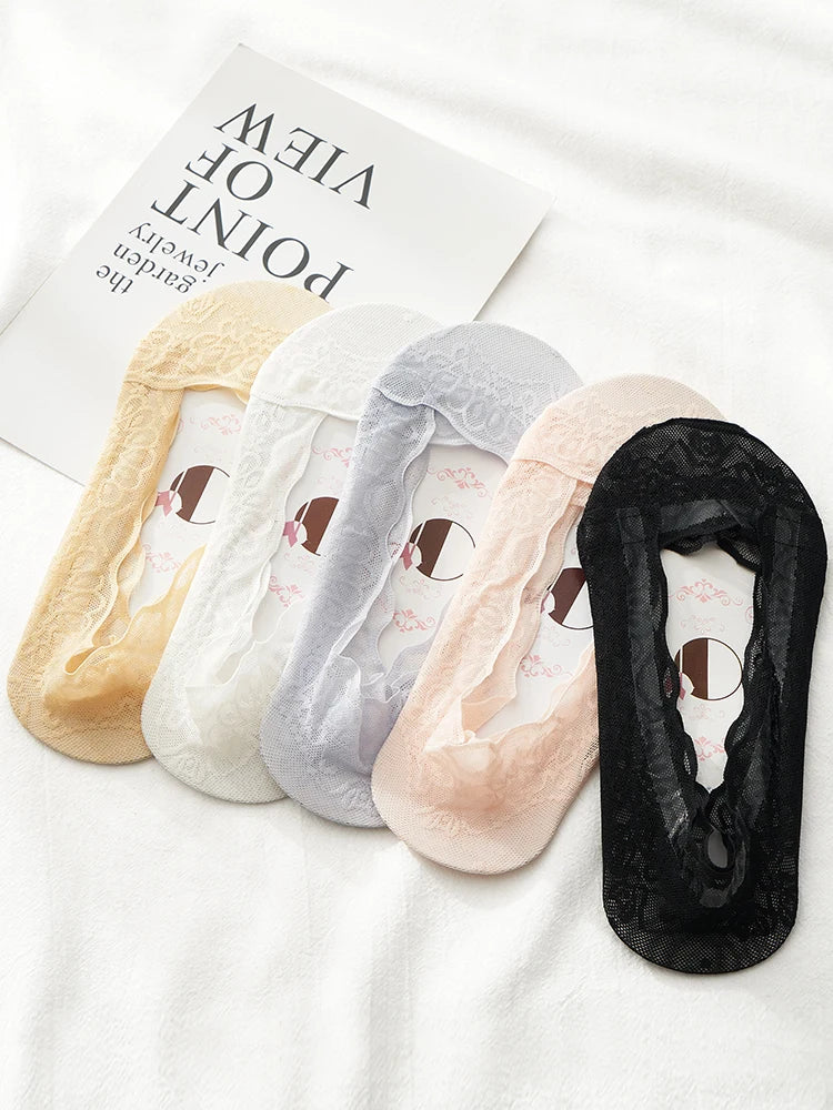 10pcs Lace Flower Sock Slippers Women Summer Breathable Silicone Non-slip Ankle Invisible Slipper Hollow Boat Socks Ballet Sox