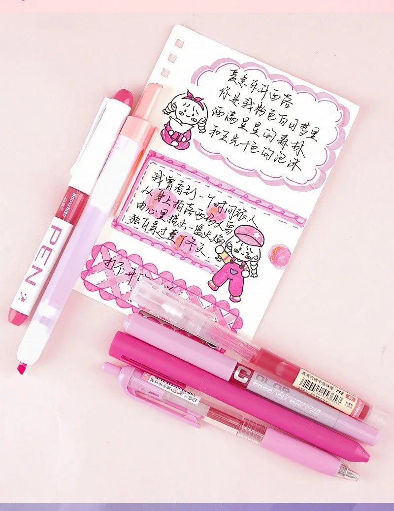 6pcs/set Roller Pen Purple / Pink / Green Color Ink Straight Liquid Gel Pen Ballpoint Pen for School Office Stationery Kawaii