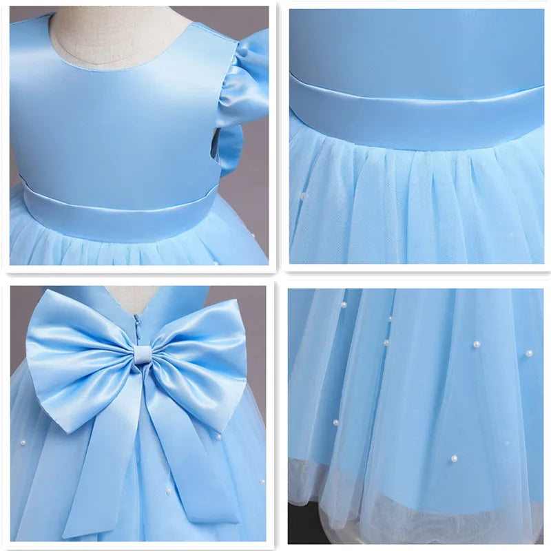 Toddler Girl Blue Beaded Tutu Gown 1-5 Years Baby Girl Birthday Party Dress Little Girl V-Back Bow Tulle Clothes Infant Costume