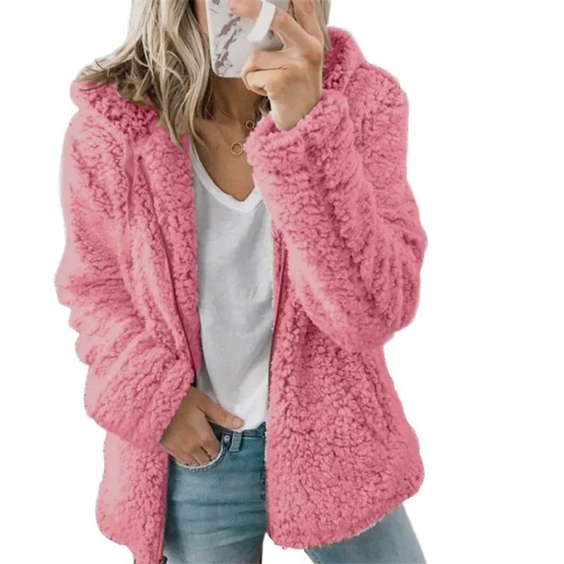 Women Plush Thickened Warm Hoodie Fashion Solid Color Cardigan Hooded Sweatshirt Winter Female Comfortable Casual Outerwear 5XL