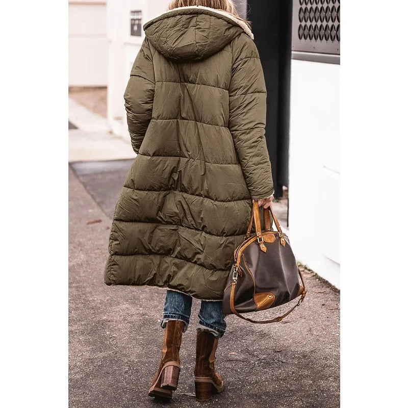 Women's 2023 Warm Winter Coats Reversible Sherpa Fleece Long Hooded Puffer Jackets Outerwear