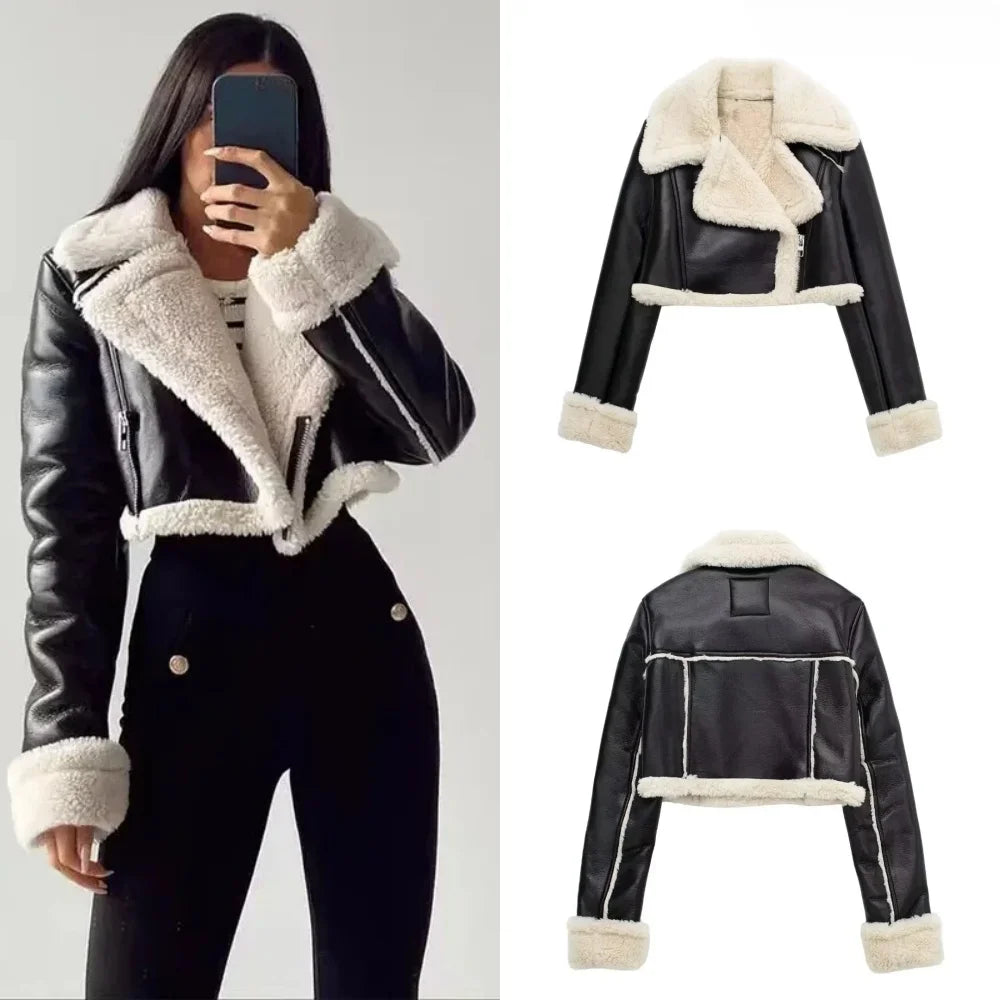 Women's Cropped Leather Jacket Coat Black Wool Blends Coats Bomber Tweed Jacket Autumn Winter Leather and Fur Crop Jacket