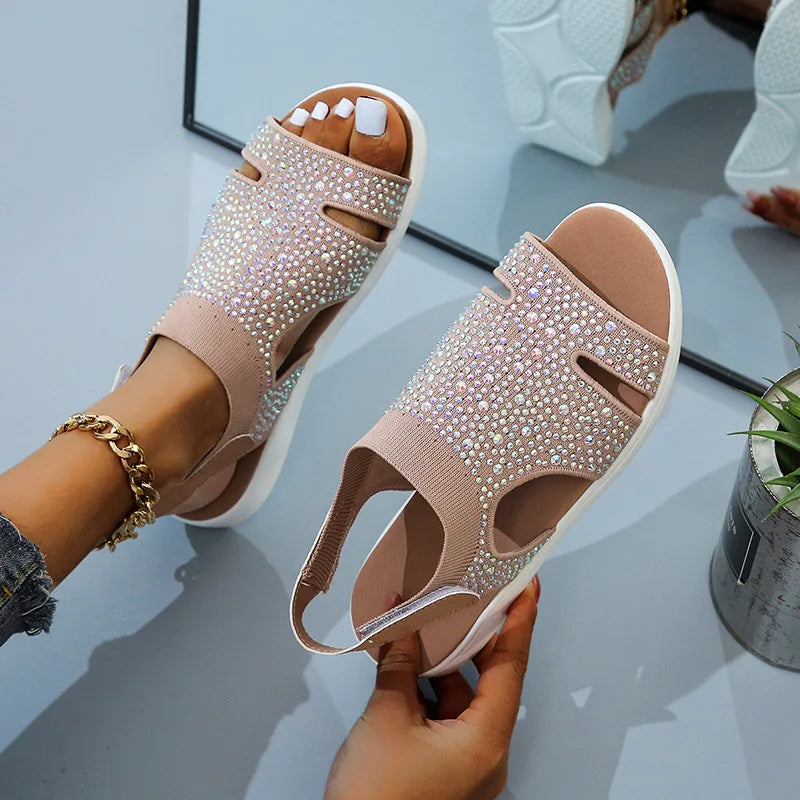 Summer Women Flats Crystal Stretch Orthopedic Casial Sandals Open Toe Beach Mesh Shoes Footwear Casual Ladies Sandalias Mujeres