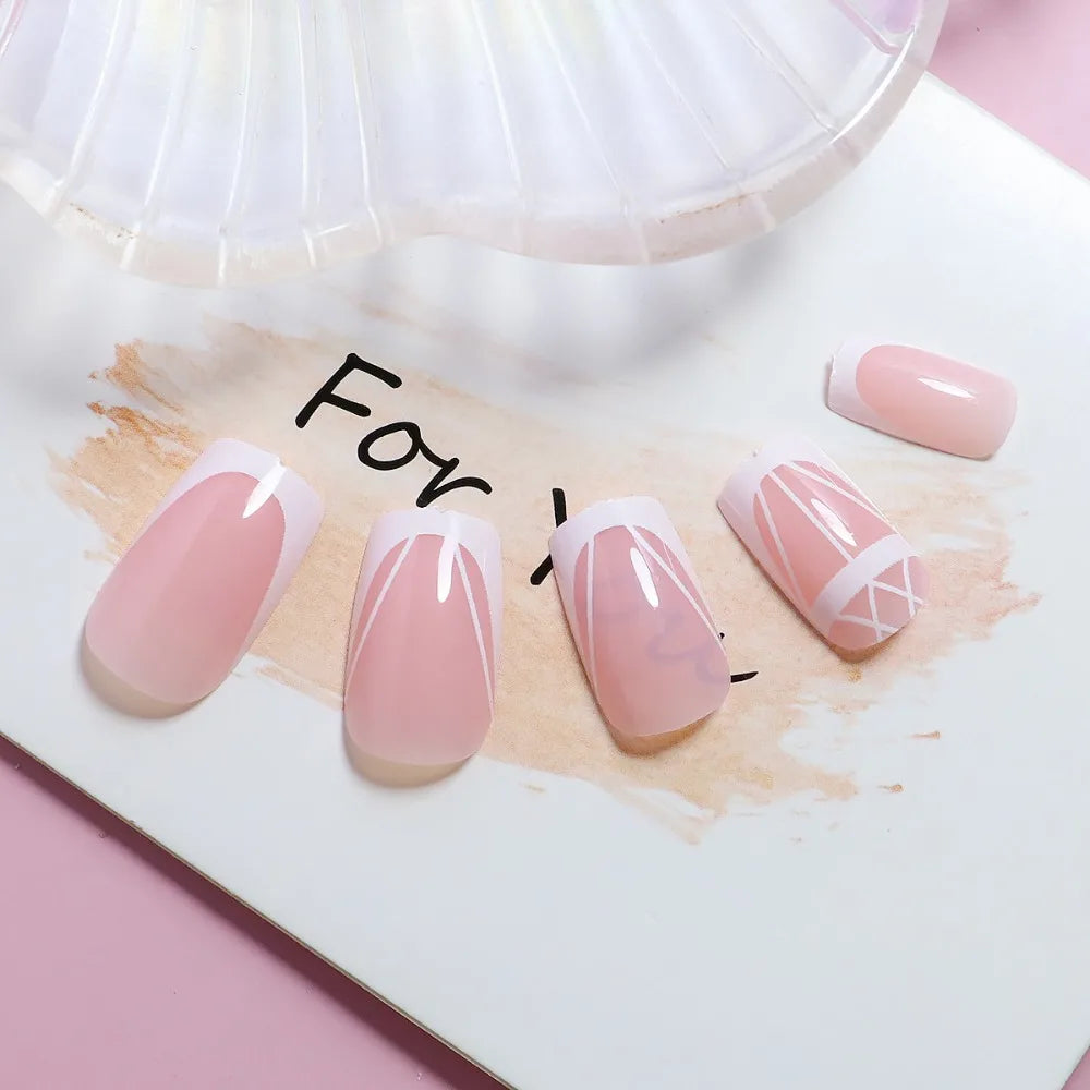 24pcs Fake Nails Square Head French Nail Waterproof Faux Medium Fingernails