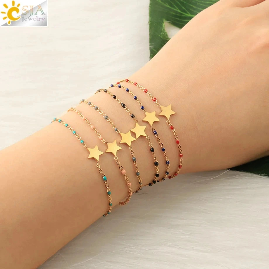 CSJA Fashion Thin Chain Stainless Steel Bracelet for Women Gold Color Cross Charm Enamel Bracelets Summer Jewelry Gift T100