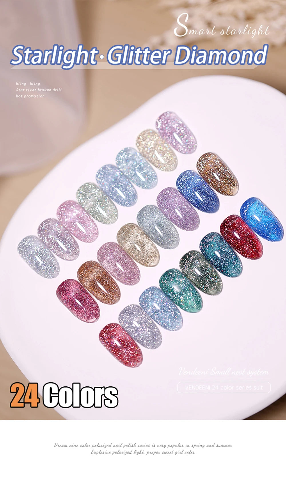 Vendeeni 24 Colors Glitter Broken Diamond Gel Nail Polish Flash Reflective Nail Art Gel Varnish UV LED Soak Off Gel Lacquer 15ml