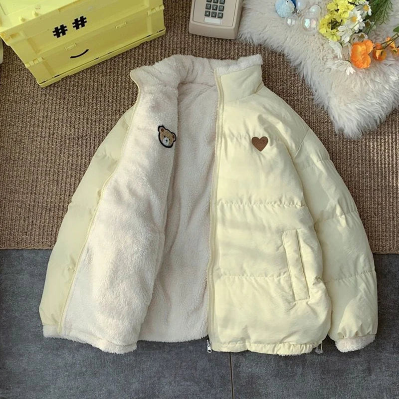 JMPRS Cute Embroidery Women Parkas Coat Winter Thick Hairy Korean Loose Warm Jacket Double Sided Design Pink Student Clothes