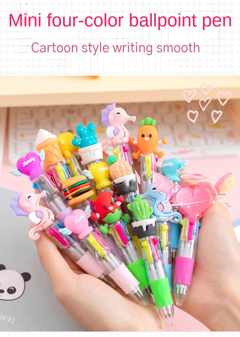 10Pcs/Lot Cute Kawaii Cartoon Mini 4 Colors Ballpoint Pen Multicolor Pens Student Kids School Stationery Office Supplies Gifts