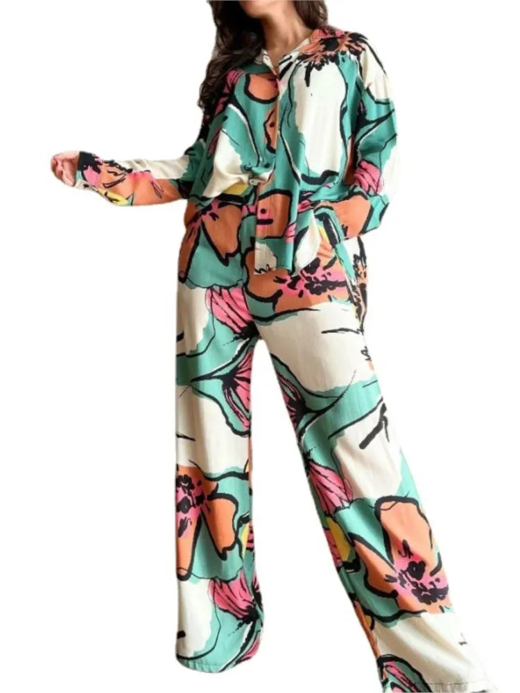 2023 Long Pant Sets Print Shirt Two Piece Set For Women Loose Wide Legs Trousers Suits Fashion Casual Long Sleeve Two Piece Suit