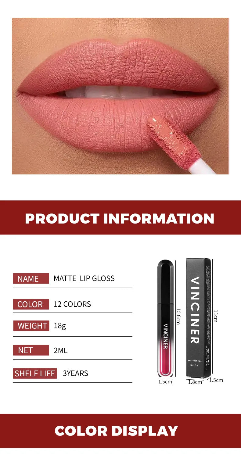 VINCINER 12 Color Matte Lip Gloss Velvet Texture Waterproof Lasting No Fading Fashion Liquid Lipstick Easy To Apply Cosmetics 2g