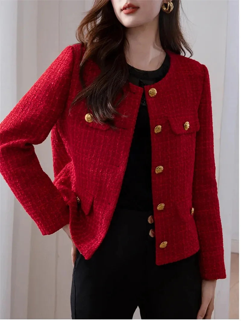 Women's Jacket 2024 Spring Autumn New Red Tweed Small Fragrance Coat Short Blazers Korean Fashion Elegant Female Tops Outerwear